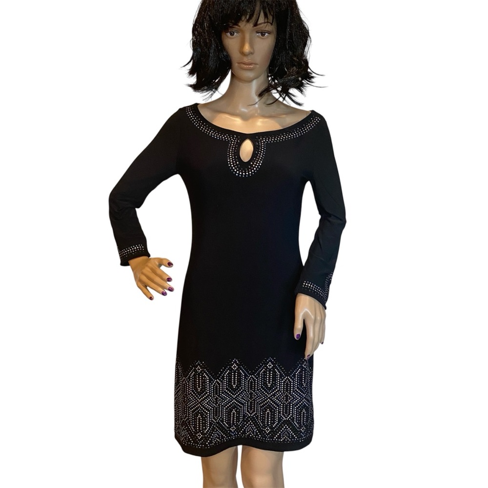 White House Black Market Embellished Studs Party Mini Shift Dress Black Size XXS